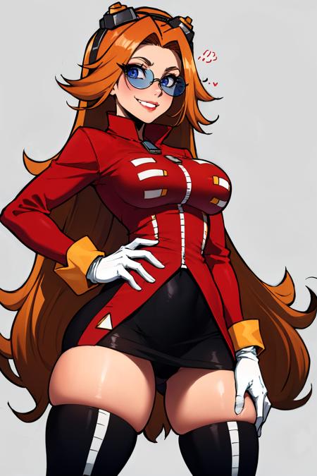 ((masterpiece, absurdres)), EchoSaber, (eggmaam), large breasts, wide hips, narrow waist, 1girl, solo, orange hair, long hair, lipstick, lips, red lips, full lips, red jacket, black skirt, black thighhigh boots, white gloves, round eyewear, blue-tinted eyewear, goggles on head, white background, simple background, flat background, grin, closed mouth, hand on own hip <lora:eggmaam-000005:0.65> <lora:EchoSaber-10:0.75>