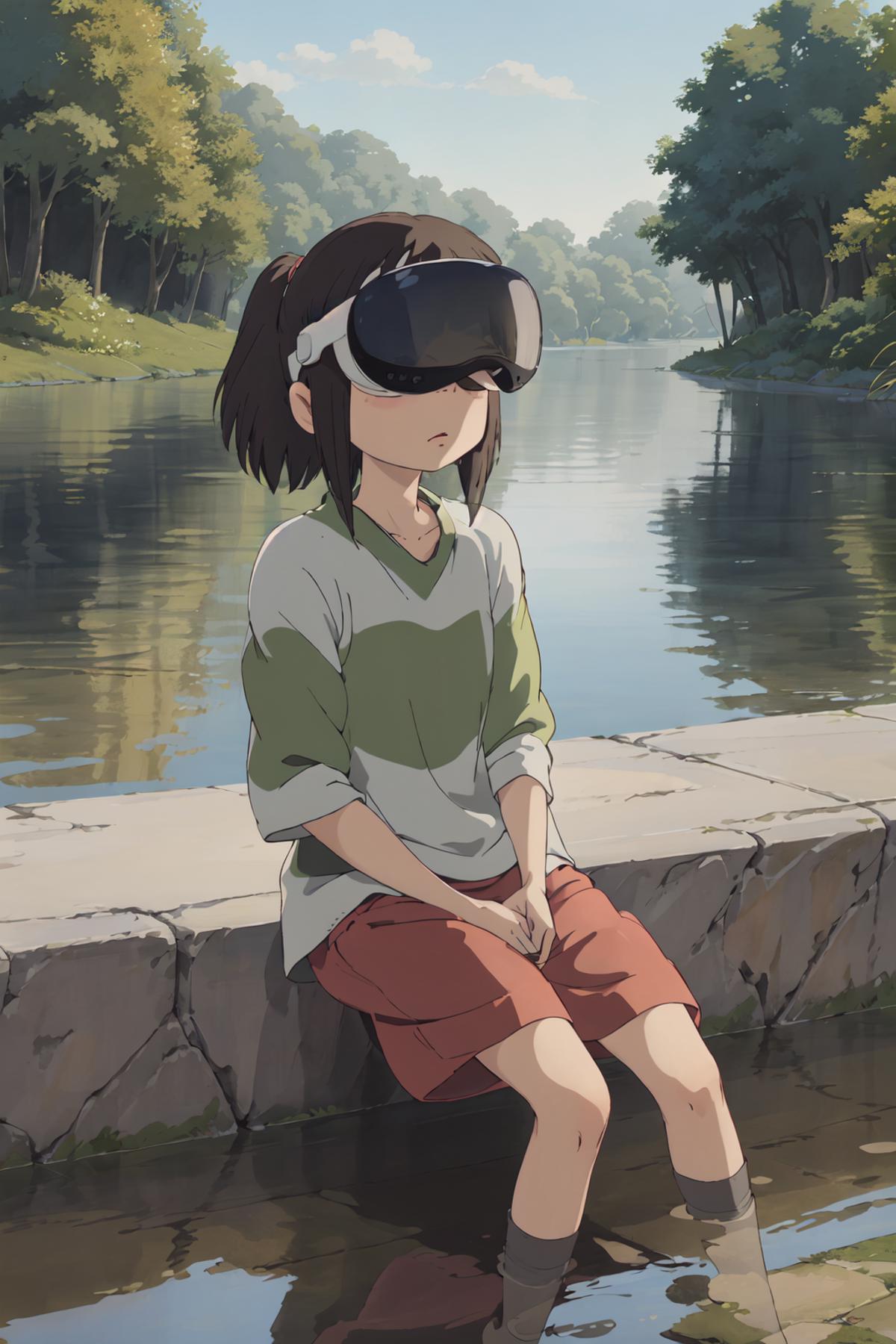 A girl wearing a green and white striped shirt and red shorts sitting by the water with her eyes closed.