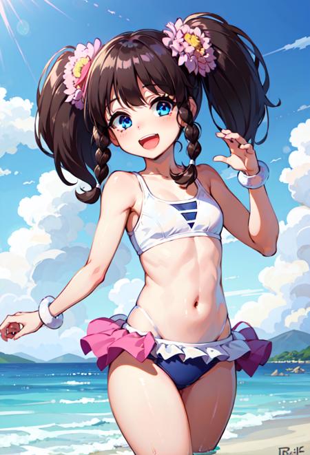 rinka short hair, twintails, twin braids, hair flower blue eyes, brown hair purple eyes, green hair black thighhighs, short sleeves pink skirt grey shirt, purple skirt