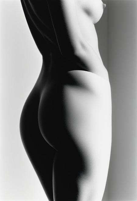 score_9, score_8_up, photorealistic, Abstract black-and-white fine art nude in the style of Ralph Gibson, close-up crop of a woman’s torso and thigh intersected by sharp shadow lines, high contrast, no face visible, geometric composition, erotic minimalism, symbolic intimacy, 35mm film grain, fine art abstraction, body as visual metaphor