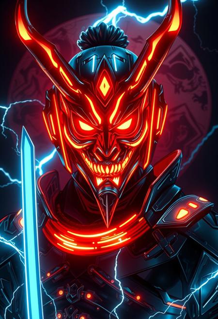 (Realistic:1.9), (cyberpunk.1.5), masterpiece, best quality, volumetric lighting, neon colors, dark background, 1man, male, closeup, Raijin with an oni mask, god of thunder, god of lighting, god of lightning, thunder, and storms, cyber tron neon Raijin armor, full armor, Covered face, covered eyes, standing in front of a tomoe, tomoe background, cyber horns, ninja pose, kunai, blades, flying raijin, so fast leaving mirages, katana