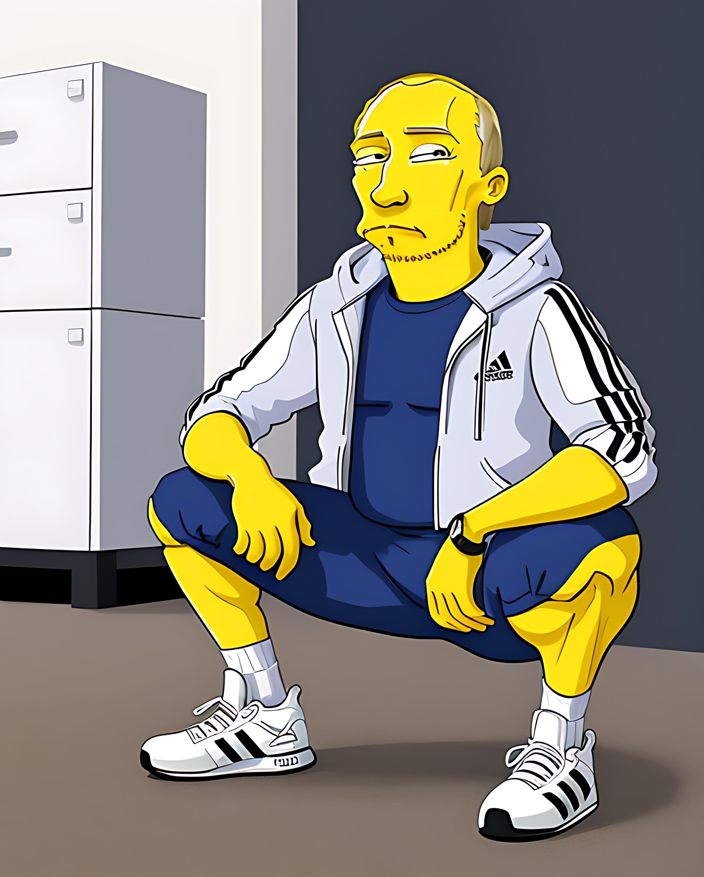 A cartoon drawing of a man in a white jacket and blue shorts.