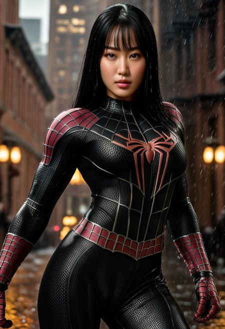 score_9, score_8_up, score_7_up, best quality, realistic, masterpiece, beautiful detail, hyperrealistic, ((1girl, woman body, big breasts)), amazing detailed full body of a cute korean girl, cute face, wearing a realistic and highly detailed black raimi spider-man suit, ((huge muscular girl)), professional model wears ultra - detailed black raimi spider - man suit, ultra - detailed and grained black raimi spiderman suit, suit covered entire body and hand, black spiderman gloves, wet, close up, black hair, octane render, highly detailed, volumetric, dramatic lighting, (highest quality:1.1), (HDR:1.3), (top quality, best quality), realistic, high definition, masterpiece, 8k, best quality, best illumination, best shadow, an extremely delicate and beautiful, finely detail, depth of field, classic, highres, perfect lighting,