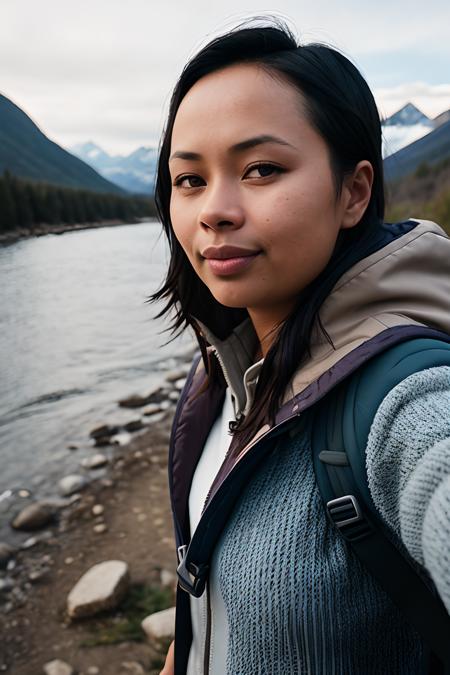 ((selfie)) photo of (fr4nki34d4ms:0.99), smiling, outdoors, mountains, wearing a backpack, sweater, and hiking jacket, rocks, river, wood, analog style (look at viewer:1.2) (skin texture), close up, cinematic light, sidelighting, Fujiflim XT3, DSLR, 50mm