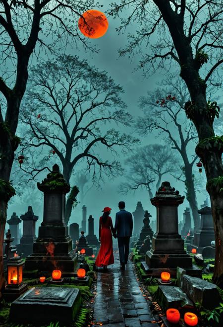 A couple, comprising a man and a woman, stand together at a grave in an ancient Indonesian cemetery. The surroundings are adorned with leafless trees, adding to the atmosphere of the scene. As the story unfolds, a red moon rises above, casting a glow on the proceedings. The sky is partially obscured by dark clouds, and a light drizzle falls, further enhancing the melancholic ambiance of this poignant moment.