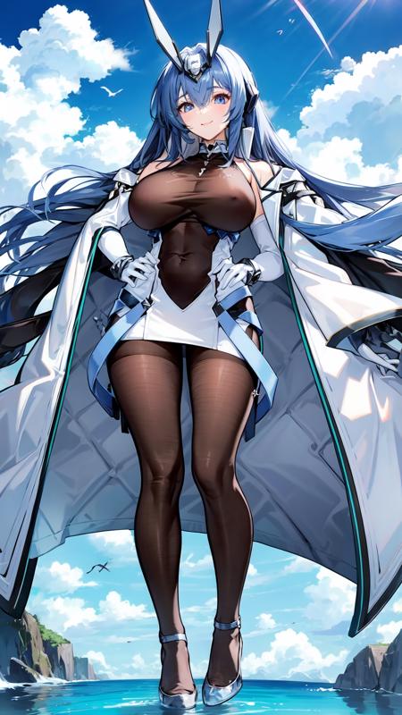 1girl, breasts, long hair, solo, gloves, very long hair, bodystocking, full body, white gloves, blue hair, coat, headgear, dress, coat on shoulders, pantyhose, high heels, white dress, bangs, standing, blue eyes, smile, white coat, elbow gloves, covered navel, open coat, hair between eyes,<lora:NewJerseyVRerun:0.8>, ussnewjersey, blue sky, sky background, clouds, water,