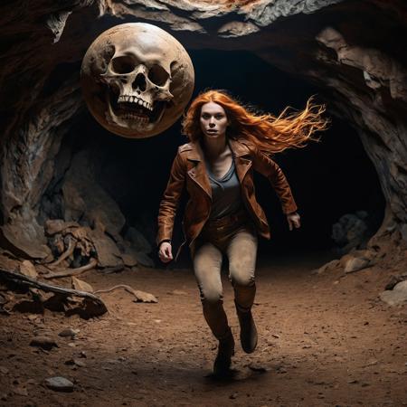 Woman running towards the camera, inside a dark cave. A giant rocky sphere is behind her.
She's wearing a brown fedora, brown leather jacket, baggy pants.  There are lots of skulls and bones on the ground.
She has a worried look on her face.  She has long flowing orange hair.
A leather whip is coiled up on her hip.