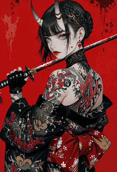 1girl, solo, looking at viewer, short hair, black hair, gloves, holding, closed mouth, jewelry, bare shoulders, upper body, braid, weapon, earrings, horns, japanese clothes, black gloves, looking back, sword, fingerless gloves, kimono, holding weapon, off shoulder, grey eyes, tattoo, makeup, blood, holding sword, katana, animal print, lipstick, red background, blood on face, oni, red lips, arm tattoo, print kimono, black kimono, horn ornament, shoulder tattoo