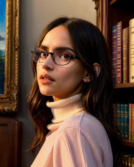 AdriaAchz, Shhhh!, (realistic, hyperdetailed:1.3) photo of 1girl as a strict librarian, closeted dom, (medium close-up), face focus, glasses, turtleneck, (stern expression), sensible hairstyle, skirt, accusatory finger pointed at viewer, intelligent composition, library background, volumetric lighting, (masterpiece, best quality:1.5), <lora:+ Unhorny_(-3.0-4.0) v01:1.5>,