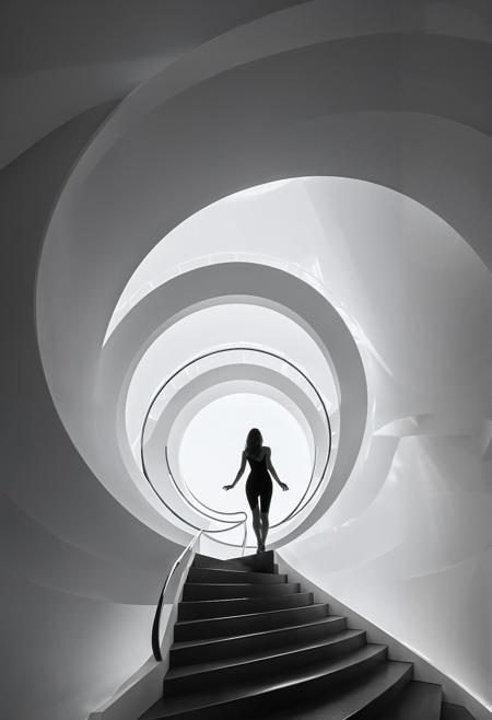 A person is climbing the spiral staircase, backlighting, symmetrical composition, black and white style, geometric shapes, architectural design. The figure stands on top of each step with light shining through from above.,in by Zaha Hadid
