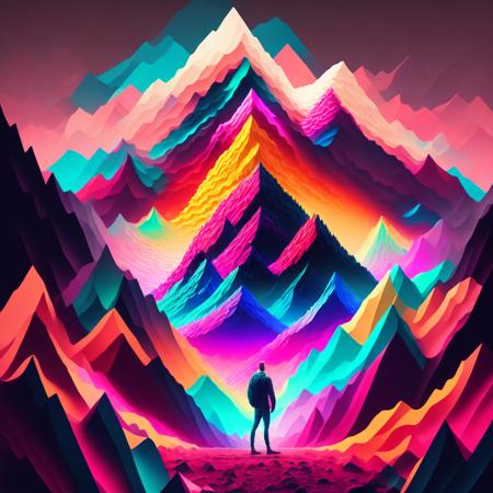 (neonpeaks style:1) a man standing in front of a colorful mountain <lora:djzNeonPeaksV21_LoraBooth:1>