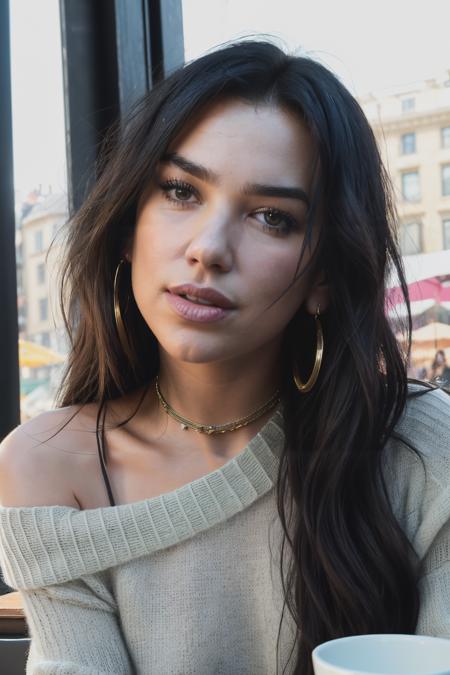 duaLipa1  piercing eyes, looking straight, very happy,long hair, wearing an off-shoulder sweater, choker, closeup portrait, in a outdoor cafe in 2015, afternoon light