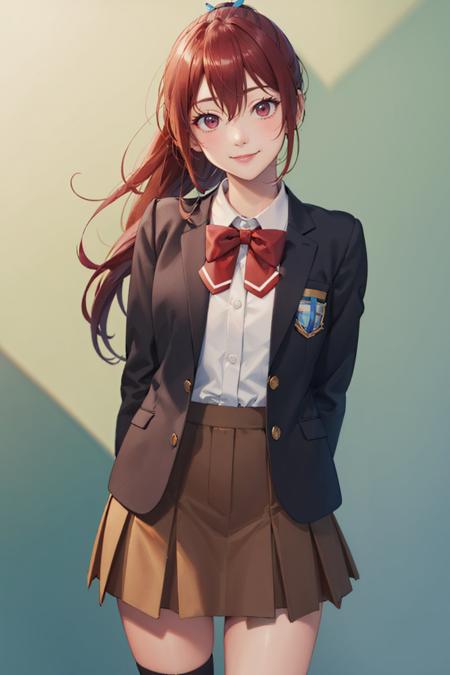 (masterpiece, best quality:1.2), <lyco:free_matsuoka-11:1.0>, cowboy shot, solo, 1girl, matsuoka gou, smile, looking at viewer, arms behind back, ponytail, school uniform, jacket, skirt, kneehighs