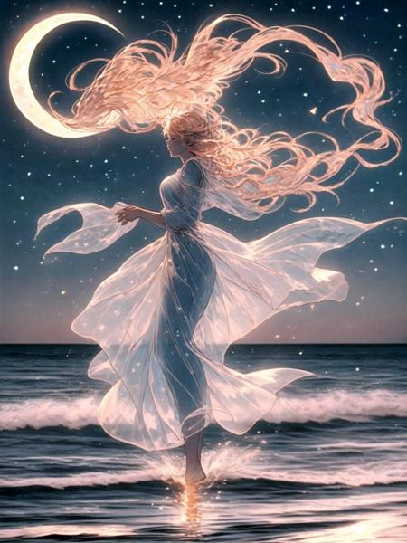 <lora:memghuanzhijing-000010:0.8>,guchen,dreamy,1girl,crescent moon,long hair,moon,solo,night,barefoot,sky,water,night sky,cloud,profile,standing,blonde hair,floating hair,very long hair,starry sky,ocean,