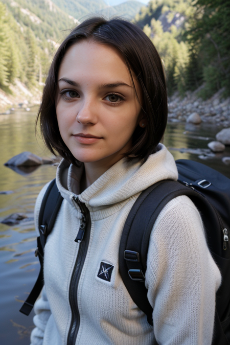 RachaelLeighCook, ((selfie)) photo, serious look, outdoors, mountains, wearing a backpack, sweater, hiking jacket, rocks, river, wood, analog style, (look at viewer:1.2), (skin texture), close up, cinematic light, sidelighting, Fujiflim XT3, DSLR, 50mm