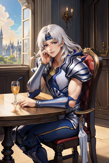 masterpiece, best quality,<lora:ff4cecil-nvwls-v1-000009:0.9> ff4cecil, headband, cape, white armor, gauntlets, sitting, chair, table, indoors, stone building, castle, sky, clouds, smile