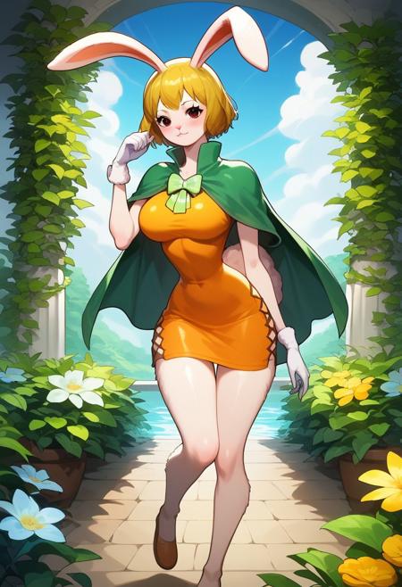 score_10 , score_9_up, score_8_up, score_7_up , score_6_up, vibrant colors, shiny_skin , prefect lighting, detailed image, snoozing , masterpiece , best quality , highly detailed , source_anime, shonen protagonist , anime style , BREAK  , <lora:Carrot__Lora_Model__One_Piece:1>, 
1girl , solo , Opcarrot, blonde hair, short hair, furry, white furr, blush, rabbit ears, big breasts ,  curvy , thicc , cute , orange short dress, bare shoulders, green cape, white gloves, open clothes ,
looking at viewer , side view , blue sky , garden , inematic composition , dynamic pose , Standing , full body ,