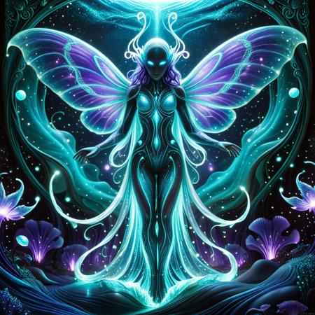 winged humanoid wrapped in flowing bioluminescent fabrics, hovering over glowing landscape, sparkling neural tendrils, alien elegance, ambient light wrapping the figure, color transitions from teal to violet, art nouveau influences, ornamental design, majestic and surreal