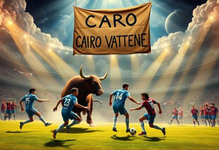 In a grand, celestial stadium filled with roaring clouds and beams of golden light, Diego Maradona, Gigi Meroni, and Valentino Mazzola are locked in an intense soccer match. Maradona, in his iconic blue Argentine jersey, moves with unmatched skill, while Meroni, in his Torino kit, dribbles with flair, and Mazzola, wearing his vintage Torino captain’s armband, commands the game with authority. The stadium is packed with a heavenly crowd, but among them are rowdy, ghostly hooligans waving scarves, shouting passionately, and banging drums, their chants echoing through the ethereal air.
A massive, burgundy bull stands just outside the field, snorting aggressively, its muscular form glowing in the light, representing raw energy and strength. Its presence adds tension, as if symbolizing the ferocity of the sport and the fans.
Above the stands, a large, hand-painted cardboard sign hangs—‘CAIRO VATTENE’—the black letters uneven and bold, echoing the frustration of fans. The hooligans, rowdy and vocal, chant in support, waving banners and flags, creating an atmosphere of protest within this heavenly arena.
The players remain focused, sweat beading on their faces, as if this match is just as critical as any they played in life. The mix of celestial beauty, the intense energy of the hooligans, the looming bull, and the rebellious protest sign creates a scene of passion, sport, and defiance