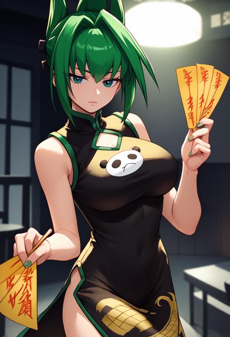 Jun, green hair, green eyes, updo, spiky hair, black china dress, thigh strap large breasts 