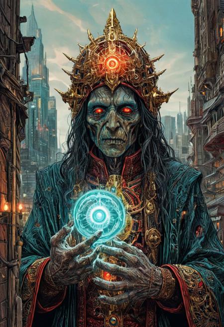 appears trapped in an optical illusion of reflections and refractions. Illustration by bilal, a tower in a city, intricate details, an undead wizard with glowing turquois eyes wearing robes that are red and black with an intricate pattern of gold lightening motif have the wizards hands spread out with energy glowing around his hands that are the same color as his glowing eyes also have the mouth open and the face of the undead wizard look very decayed but still have some flesh medium grain, FRESHIDESH Moebius comic book