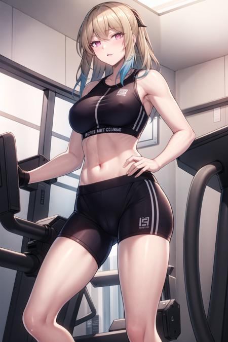 masterpiece, best quality, ultra-detailed, illustration, warm lighting, bright colors, 8K wallpaper, 1girl, solo, lyud, pink eyes, confidant expression, distracted [[[muscular female]]], [[[abs]]], exercise, bike shorts, crop top, at the gym, legs, thigh, <lora:lyud:0.7>