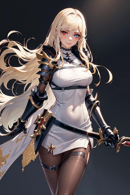 (((masterpiece))), shane, 1girl, solo, long hair, looking at viewer, smile, blue eyes, blonde hair, large breasts, red eyes, dress, holding, closed mouth, standing, weapon, pantyhose, sword, cape, holding weapon, white dress, armor, black pantyhose, thigh strap, feet out of frame, heterochromia, holding sword, shoulder armor, gauntlets, brown pantyhose, <lora:shane-05:1>