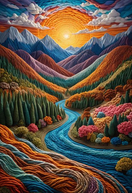 A breathtaking surreal landscape crafted entirely from colorful yarn and wool. Rolling hills are formed from intricately braided fibers, while towering trees have soft, knitted branches that sway gently in the wind. The sky is a mesmerizing tapestry of pastel threads, with fluffy, crocheted clouds floating overhead. Rivers appear as silky, intertwined strands of blue and silver, shimmering under a warm golden glow. Every detail, from tiny embroidered flowers to complex woven patterns on the mountains, is rich in texture, giving the scene an irresistibly cozy yet dreamlike quality. The lighting is soft and diffused, enhancing the warmth and depth of this textile paradise. ultra-realistic textile details, volumetric lighting, hyper-detailed, 8K, intricate patterns, yrnwrld