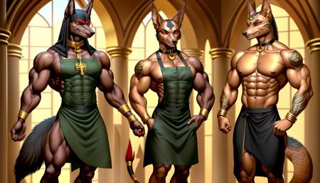 realistic, photo realism, 1 male, looking at viewer, smile, dark red eyes, red pupils, black jackal head with golden egyptian eyeliner, black muscular boy, golden egyptianarm tatoo, tall pointy jackal ears, long dark green blacksmith apron, black collar, muscular, feet in frame, muscular thighs, abs, large pectorals, manly, manly male underwear, biceps, big boy, thick arms, sidepec, leg armor, furry male, full black body, dark black forarm leather, long black jackal tail, black jackal feet. erect girthy veiny penis, cum drip, cum puddle, manly hairy chest, manly armpit hair, manly pubic hair, manly bear, manly muscles, manly face