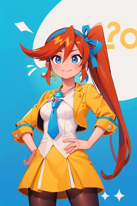 (masterpiece, best quality:1.2), solo, 1girl, athena cykes, smile, looking at viewer, hand on hip, side ponytail, hair ribbon, yellow jacket, blue necktie, single glove, yellow skirt, pantyhose, jewelry, necklace, crescent earrings <lora:aa_athenacykes_v11:1.0>