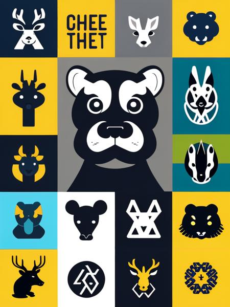 negative space symbols, poster with many minimalistic negative-space geometric animal logo silhouettes, logo style, international style