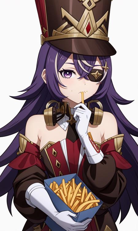 <lora:å¤æ²è¾-000019:1>,Chevreuse,1girl,food,food on face,solo,hat,purple hair,holding,eyepatch,french fries,long hair,gloves,eating,purple eyes,holding food,looking at viewer,white gloves,white background,bare shoulders,bangs,military hat,uniform,hair between eyes,simple background,chicken \(food\),, 1girl,
,  (masterpiece,best quality:1.2),absurdres