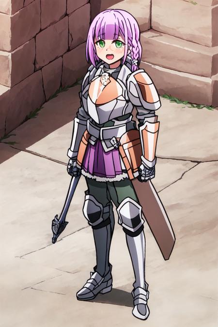 leo, 1girl, purple hair, short hair, green eyes, bangs, blush, armor, braid, scar, weapon, hair ornament, open mouth, looking at viewer, side braid, gauntlets, breastplate, full body, armored skirt, armored leg, armored shoes, 
high quality, best quality, ultra detailed, masterpiece, big breast, detailed hands, <lora:EMS-52531-EMS:0.800000>