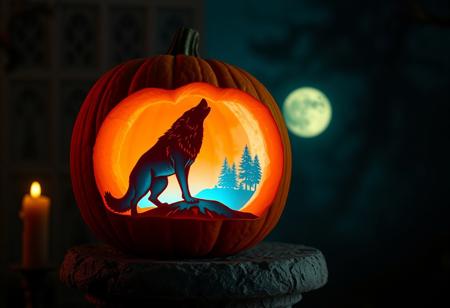 A masterful cinematic photography shot of a beautifully, detailed carved pumpkin, glowing from within on top of an old stone pedestal.
The relief like carving on the pumpkin uses different cutting layers into the pumpkin and inlays of gold and cyan to create a beautiful scene that glows from within with bright candle light.
The scene carved into the pumpkin is a wolf howling at the full moon.
The composition focuses on the pumpkin and the carving, the stone pedestal and the dark, spooky surrounding are only accompanying, out of focus.
The colour pallet uses three colours dominantly rich orange tones, deep bright cyan and bright gold. The overall setting is mysterious, dark and spooky.
The light setup masterfully catches the glow from within the pumpkin and enough light from outside to display the detailed carving on the pumpkin.