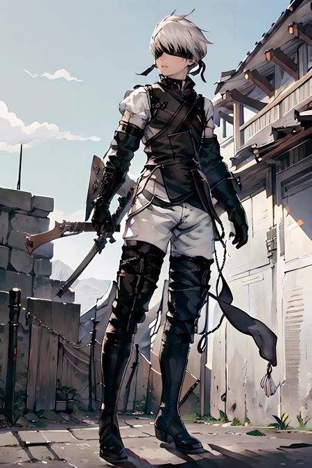 nier_artstyle, 1boy, masked, white hair, short hair, black boots, black short, black gloves, sword, black shirt, child, <lora:nier_art_style:0.9>