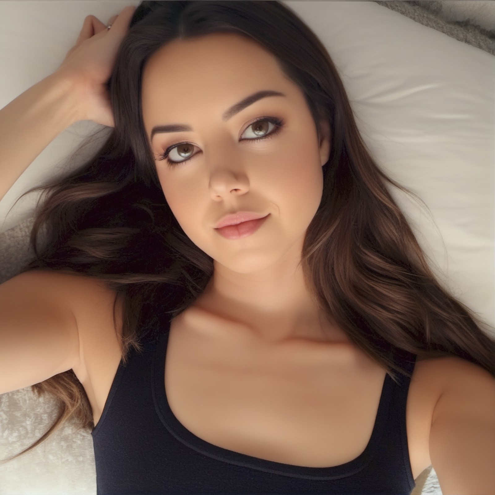 aubreyplaza  a beautiful woman 26 years old,selfie| shot from above| medium shot| turtleneck | young woman| lying on her b...