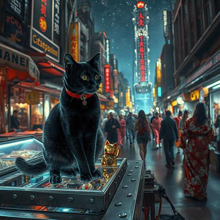 Setting is a futuristic cyberpunk street market at night full of cat people coming and going, the market is comprised of street vendors selling robot parts, food, weapons, and robots. People wearing futuristic cyberpunk clothing are walking through the street market shopping and eating, A sleek black cat with red collar sits on a cluttered metal riveted desk with transparent top and micro-LED lighted computer components visible inside, On the desk is an ebony and gold maneki neko statue and futuristic art deco lighting, (((a beautiful cat person, 24 years old, is standing in the foreground FACING THE VIEWER, she has an expression of interested curiosity)))))), the sleek black cat with red collar is sitting on the desk and watching the people walking by in the busy street market, the cat woman is dressed in futuristic cyberpunk ECLECTIC style yukata with a low neck line alluring aesthetic. An enormous art deco inspired starship with futuristic lighting and an enormous space station are visible in the background among the stars, Artistic cyberpunk, dynamic perspective, (((overall architectural aesthetic is Art Deco Cyberpunk))).  Epic image that elicits a feeling of wonder and awe, (((((CLASSICALLY STYLIZED LIGHTING AND ARCHITECTURE FROM CHINA INDIA JAPAN FRANCE EGYPT ROME AND GREECE))))),