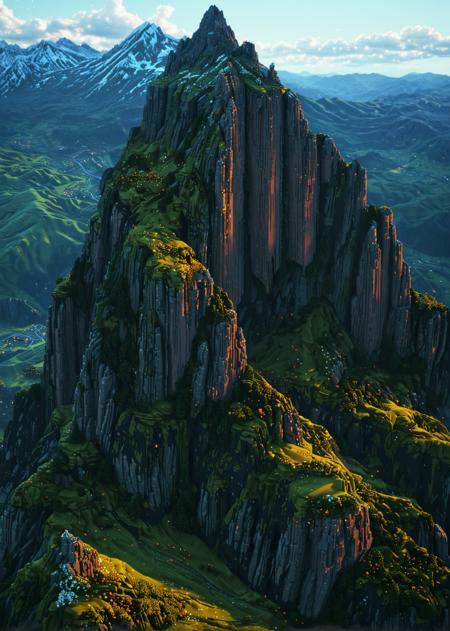 magicavoxel, massive mountain, medieval, aerial view, detailed, very far, pixel, voxel style, 4k, hdr, bright, atmospheric lighting, dramatic, highly detailed, octane render, bokeh, bloom,  <lora:STYLE_MJ52_v2.0:1> <lora:MagicaVoxel:1> <lora:DETAIL_TrendCraft:0.5>