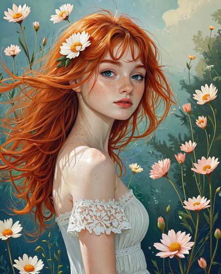 _cuteredhead_ ,  masterpiece, 1girl, solo, long hair, breasts, looking at viewer, blue eyes, hair ornament, dress, bare shoulders, green eyes, upper body, flower, outdoors, red hair, small breasts, parted lips, sky, day, artist name, cloud, hair flower, white dress, orange hair, from side, looking to the side, lips, strapless, floating hair, white flower, cloudy sky, nature, pink flower, strapless dress, freckles, water drop, nose, realistic, red lips, daisy, body freckles