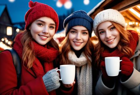 Hyperrealistic art Instagram, full shot, slim, 3 young european women on a christmas market, warm clothes, holding a cup of tea, christmas market with illuminated stalls, little smile, detailed skin face and eyes, natural lighting, skinny, film grain, low contrast, natural face, long messy red hair, high definition, highest resolution, UHD, centered body, <lora:add_detail:1>  . Extremely high-resolution details, photographic, realism pushed to extreme, fine texture, incredibly lifelike