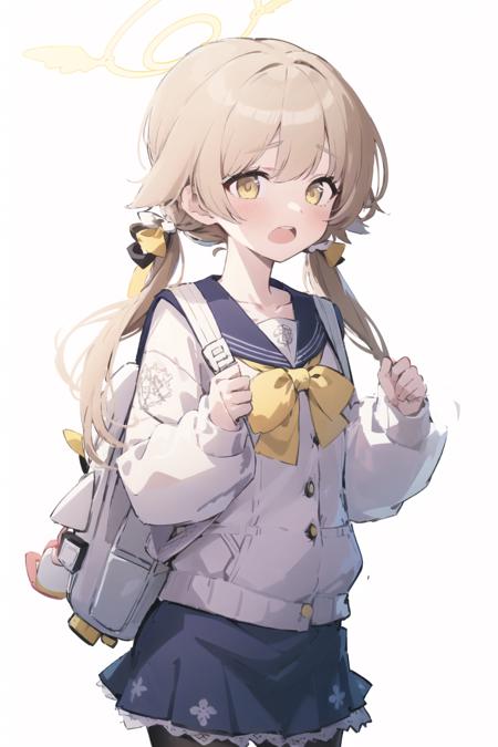 ((masterpiece,best quality)),
(illustration),
1girl, hifumi (blue archive), solo, halo, twintails, bag, blush, pantyhose, simple background, school uniform, backpack, open mouth, low twintails, black pantyhose, skirt, looking at viewer, long hair, light brown hair, sailor collar, brown hair, yellow eyes, long sleeves, collarbone, white background, holding strap, brown eyes, blue skirt
 <lora:ajitaniHifumi:1> <lora:blueArchiveV2:0.7>