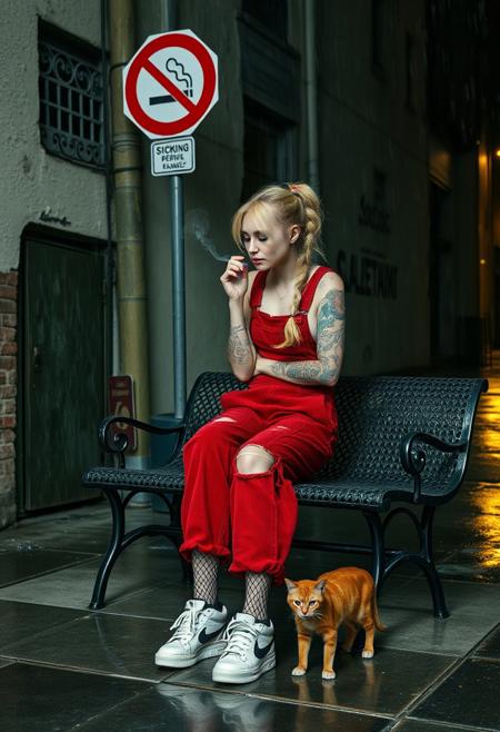 A  photograph of a goth supermodel in heavily worn red corduroy dungarees, sneakers, ripped fishnet stockings, tattoos, tattoo sleeve, braided blonde ponytail, in heavy rain with visible raindrops on her skin, sitting on a Perforated  metal bench next to a crumbling old building at night, soaking wet, wet hair, smoking, standing under a non-smoking sign with reflections of the wet ground stroking a stray ginger cat with matted fur