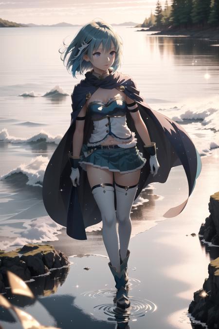 Sayaka Miki, 1girl, solo, (detailed reflective anime style eyes), cape, golden hour, detailed textures, walking by a river,  posing, casual pose, aesthetic, intricate, light rays, sunlight, sparkle, shimmer, sharp focus,  <lora:SayakaMiki:1>