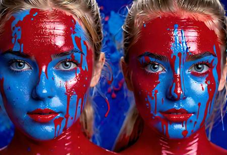 (RAW photo, subject, 8k uhd, dslr, soft lighting, high quality, film grain, Fujifilm XT3, masterpiece, best quality, extremely detailed photograph, volumatic light, ray tracing, bust shot , extremely detailed 8k wallpaper), two young german women, wrapped in light flowing with (red and blue paint:1.5), mirror splatters around the figure,  dark grey eyes,very long straight light blond hair, delicate face and eyes, small nose, stand in beautiful landscape, hdr, summer