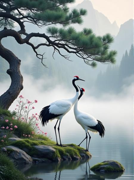 E_Chinese - Style Pine Trees And Red - Crowned Cranes_Landscape Scene Generation v1.0