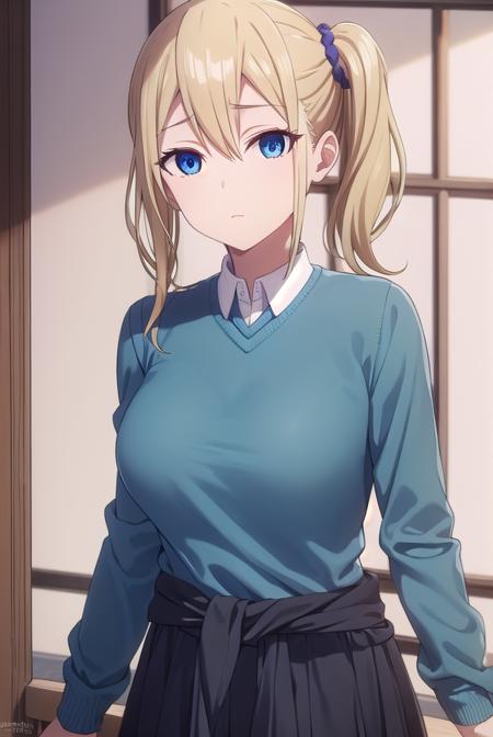 aihayasaka, <lora:ai hayasaka s3-lora-nochekaiser:1>,
ai hayasaka, bangs, blue eyes, blonde hair, hair ornament, hair between eyes, sidelocks, side ponytail, scrunchie, hair scrunchie, blue scrunchie,
BREAK shirt, long sleeves, school uniform, shoes, socks, sweater, cardigan, black socks, clothes around waist, shuuchiin academy school uniform, sweater around waist, cardigan around waist,
BREAK indoors, classroom,
BREAK looking at viewer, (cowboy shot:1.5),
BREAK <lyco:GoodHands-beta2:1>, (masterpiece:1.2), best quality, high resolution, unity 8k wallpaper, (illustration:0.8), (beautiful detailed eyes:1.6), extremely detailed face, perfect lighting, extremely detailed CG, (perfect hands, perfect anatomy),