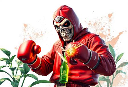 Battlin' Boxer Promoter in red outfit, skull mask, magic boxing gloves, Ring of Destruction. Green plant, beer bottle. Dynamic action pose, splash ink illustration, Octane render, Unreal Engine 5, Raphael style, Houdini style, vivid emotions, joyful impact, CGSociety, Artstation trending on ArtstationHQ, isometric, harmonious colors, beautiful matte painting, golden ratio, 4k, high-res, exceptional quality, lifelike details, impeccable composition, captivating lighting.