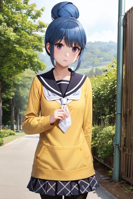 (masterpiece, best quality:1.2), <lyco:yurucamp_shima-10:1.0>, cowboy shot, solo, 1girl, shima rin, expressionless, closed mouth, looking at viewer, single hair bun, school uniform, yellow serafuku, sailor collar, pleated skirt, black pantyhose