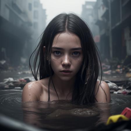 8k uhd,by Alessio Albi, dusty particles depth of field,detailed BREAK young girl whose face is centered in the frame, the beauty of her face is obscured by a massive pile of diverse debris surrounding her, almost as if she is drowning in it, contrast between, youth,chaos,surrounding trash, provoking composition,(detailed ambient,intricate ambient_occlusion, detailed)