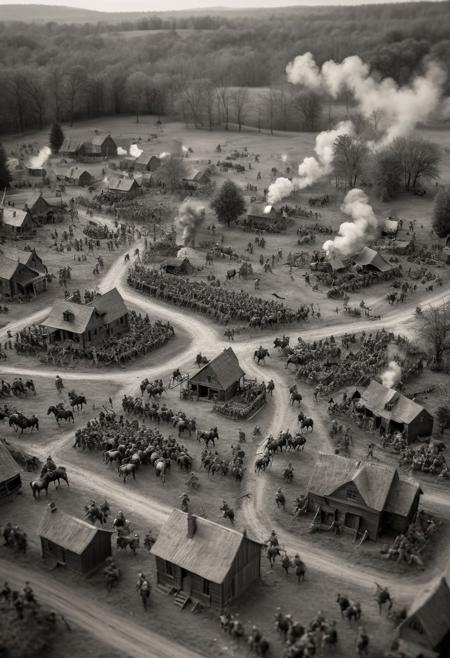 A black and white, realistic and exactingly detailed aerial shot of the Second Battle of Bull Run transformed into a stop-motion style still with tilt-shift photography, capturing the chaos and violence of the battlefield from above, showing war horses and soldiers encased within miniature buildings and objects that highlight the absurdity of war.